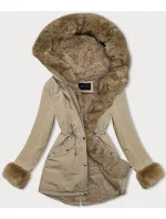 Světle béžová krátká dámská zimní bunda parka s kožešinovou podšívkou (16M9062-62)