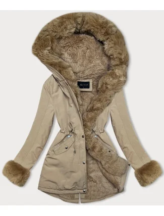 Světle béžová krátká dámská zimní bunda parka s kožešinovou podšívkou (16M9062-62)