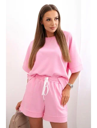 Dámská máslová souprava s halenkou s krátkým rukávem a šortkami s gumičkou světle růžová