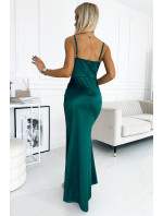 Maxi dlouhé saténové šaty s ramínky Numoco KORSET - lahvově zelené