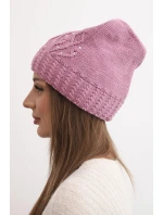 Dámská zimní čepice s vlnou zdobená flitry a pleteninou K473 tmavě růžová