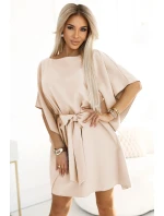 287-38 SOFIA Motýlí šaty se zavazováním v pase - DARK BEige