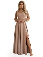 640-4 LORETTA jedinečné dlouhé šaty s tylovými rukávy a výstřihem - béžové