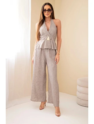 Dámský viskózový komplet: zavazovací top a kalhoty se širokou nohavicí fango