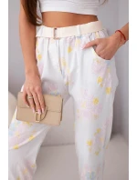 Dámské viskózové kalhoty s květinami a páskem bílé