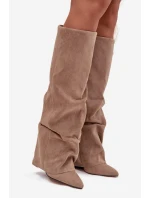 Zateplené dámské kozačky s vytočeným límcem na podpatku Eko semiš Béžové Elivira Zateplené dámské kozačky s vytočeným límcem na podpatku Eko semiš Béžové Elivira