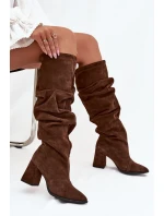 Dámské zateplené kozačky na podpatku s mačkanou holení Zazoo – hnědé, pravý semiš