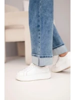 Dámské kalhoty s širokými nohavicemi a zdobeným spodním lemem džínové modré