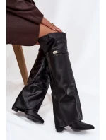 Zateplené kozačky s vytočenou holínkou za koleno podpatek sloupek černé Serelle