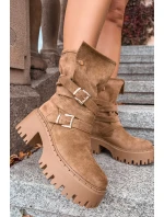 Dámské kotníkové boty na masivním podpatku s přezkami a páskem Khaki Nerelisa