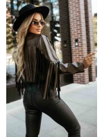 624-4 Krátká bunda s třásněmi z měkké ekokůže - čokoládová