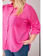 Dámská bavlněná košile Plus Size s límečkem a krajkovou vložkou růžová