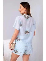 Dámský komplet košile s krátkým rukávem a sukně-šortky vyšívané modrý