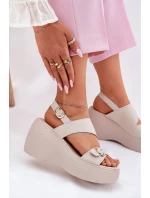 Kožené Dámské Sandály Na Klínku A Platformě S.Barski LR51-540 Béžové