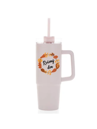 KRÁSNÝ DEN (PODZIM) - růžový cestovní termohrnek s průhledným víčkem 900 ml  