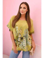 Dámská bavlněná košile s motýly a květinami kiwi