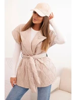 Dámská prošívaná vesta s páskem a širokým límcem béžová