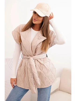 Dámská prošívaná vesta s páskem a širokým límcem béžová