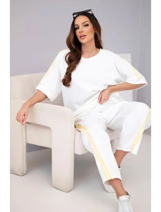 Dámský komplet máslový z viskózy mikina a kalhoty s lampasy bílý