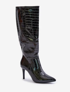 Kozačky Na Podpatku S Ražbou Černé Reanwenna