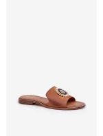 Kožené pantofle s ozdobou na plochém podpatku Zazoo 3047/O Camel