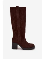 Dámské zimní kozačky na masivním podpatku čokoládové Sanelle