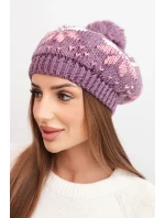 Dámská zimní čepice z vlny s motivem sněhových vloček a bambulí K457 světle fialová