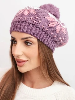 Dámská zimní čepice z vlny s motivem sněhových vloček a bambulí K457 světle fialová