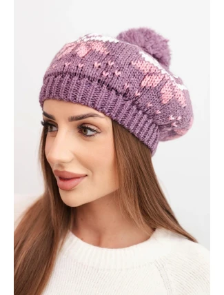 Dámská zimní čepice z vlny s motivem sněhových vloček a bambulí K457 světle fialová