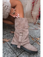 Ženské kozaki s ohnutým horním dílem do poloviny lýtka s přezkou Khaki Minelle