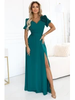 653-1 Elegantní dlouhé šaty s růží, páskem a vysokým rozparkem - lahvově zelené