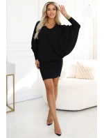 402-10 Pohodlné netopýří šaty s dlouhým rukávem - černé