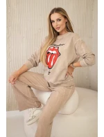 Bavlněná souprava otřená potiskem teplákové + kalhoty velbloud Bavlněná souprava otřená potiskem teplákové + kalhoty velbloud