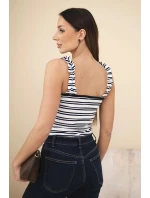 Dámská žebrovaná halenka v proužcích na ramínkách s volánkem tmavě modrá