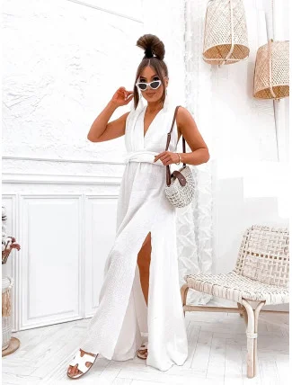 Mušelínové dámské šaty v ecru barvě se zavazovacím výstřihem (8298) Mušelínové dámské šaty v ecru barvě se zavazovacím výstřihem (8298)