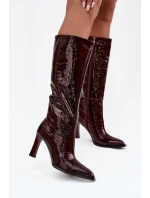 Kožené lakované dámské kozačky na podpatku s vyhříváním D&A CR52-716 bordó