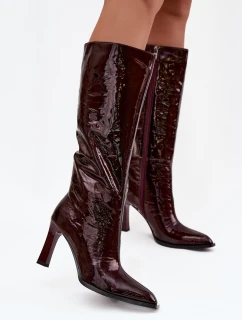 Kožené lakované dámské kozačky na podpatku s vyhříváním D&A CR52-716 bordó