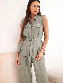 Dámský komplet se zavazovací halenkou a širokými kalhotami khaki