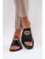 Elegantní Dámské Kožené Pantofle S Dekorací Zazoo 3008 Černé