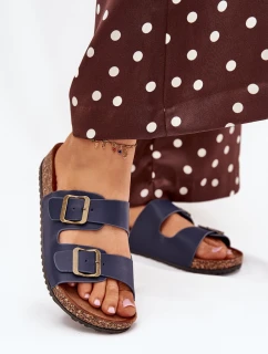 Dámské pantofle na korkové platformě s přezkami tmavě modré Vesina