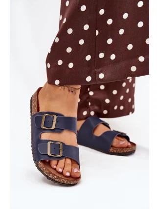 Dámské pantofle na korkové platformě s přezkami tmavě modré Vesina