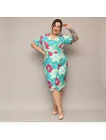 Zeleno-fuchsijové přeložené obálkové dámské květované šaty v délce ke kolenům (742) Zeleno-fuchsijové přeložené obálkové dámské květované šaty v délce ke kolenům (742)