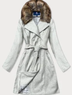 Šedý dámský kabát s kožešinou (JC241)