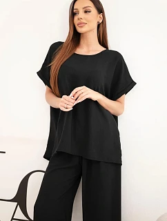 Dámský komplet Plus Size halenka a kalhoty se širokou nohavicí černý