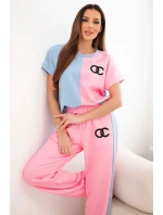 Dámský máslový komplet s oversize mikinou a širokými kalhotami světle růžová + modrá