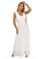 637-8 Dlouhé maxi šaty s brokátovým akcentem a hlubokým výstřihem - ecru barva