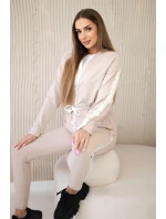 Dámská bavlněná souprava s proužky a stahovacími lemy béžový Dámská bavlněná souprava s proužky a stahovacími lemy béžový