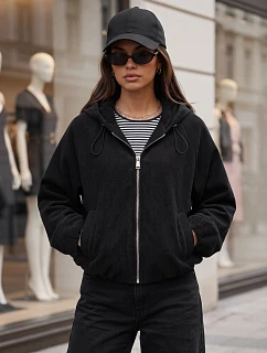 Dámská oversizeová kordová bunda s kapucí, černá, FashionStreet TY6062