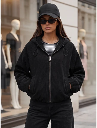 Dámská oversizeová kordová bunda s kapucí, černá, FashionStreet TY6062 Dámská oversizeová kordová bunda s kapucí, černá, FashionStreet TY6062