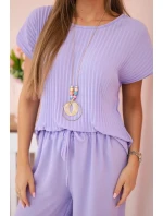 Viskózový komplet plisovaná halenka + kalhoty světle fialová